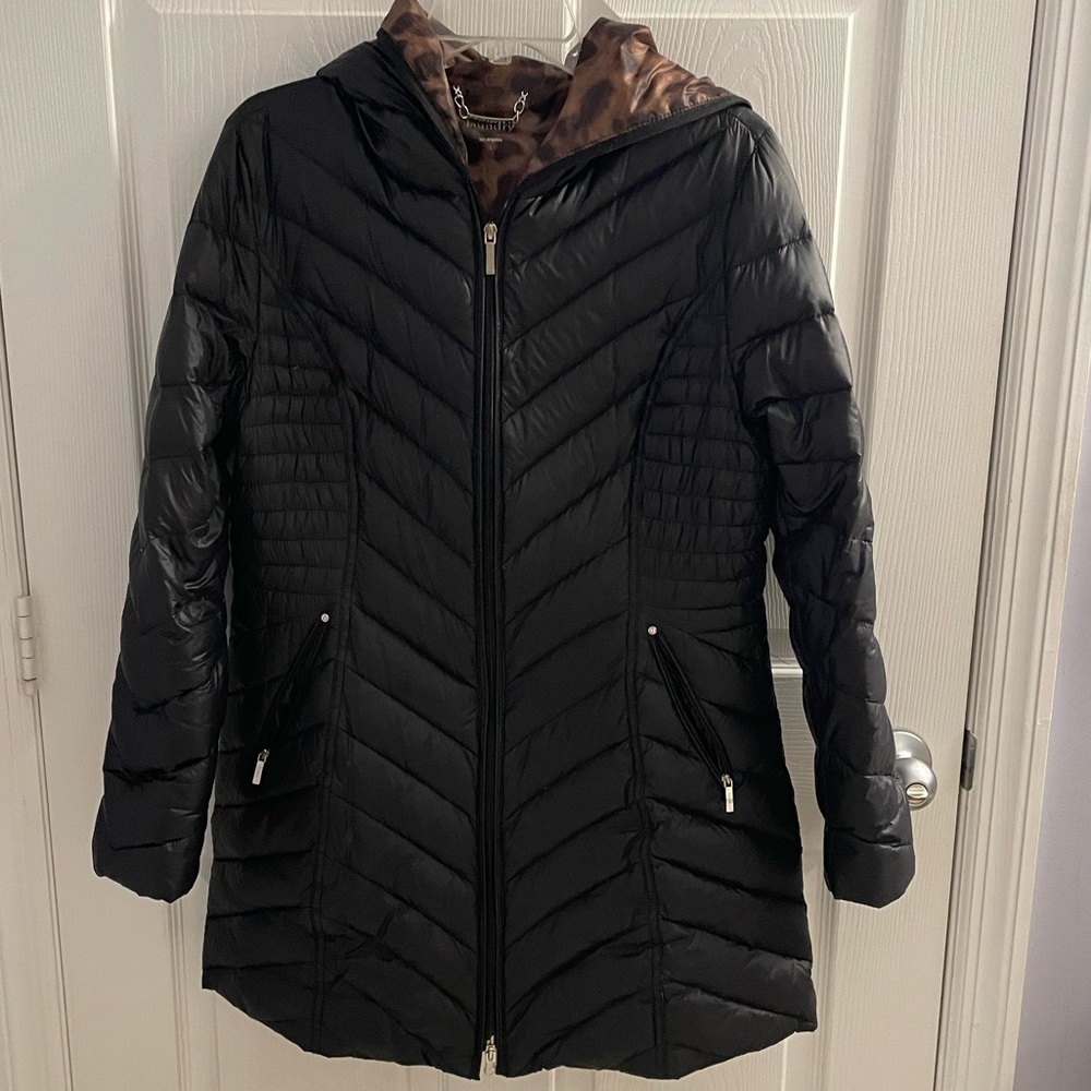 Laundry by Shelli Segal Quilted Puffer Coat Jacket Large Black Animal Print EUC